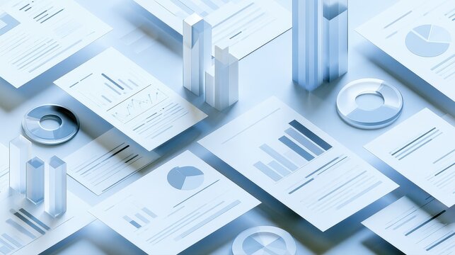 Statistical analysis concept, geometric data charts arranged on floating documents, subtle shadows, modern 3D illustration. 