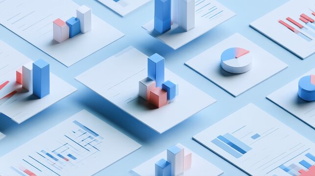 Statistical analysis concept, geometric data charts arranged on floating documents, subtle shadows, modern 3D illustration. 