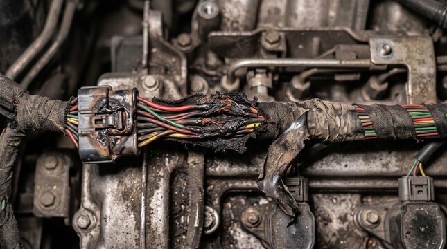 Damaged car engine wiring harness with melted electrical cables and connector