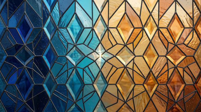 Abstract stained glass texture with diamond shapes in blue and orange gradient colors