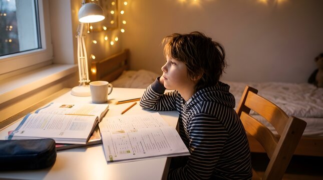 Distracted child sitting at a homework desk and looking away from books, representing attention difficulties and restless behavior in a warm bedroom