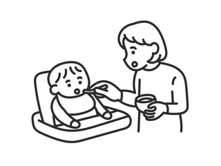 Fototapeta premium 赤ちゃんに離乳食を食べさせるお母さんのイラスト 線画のみ