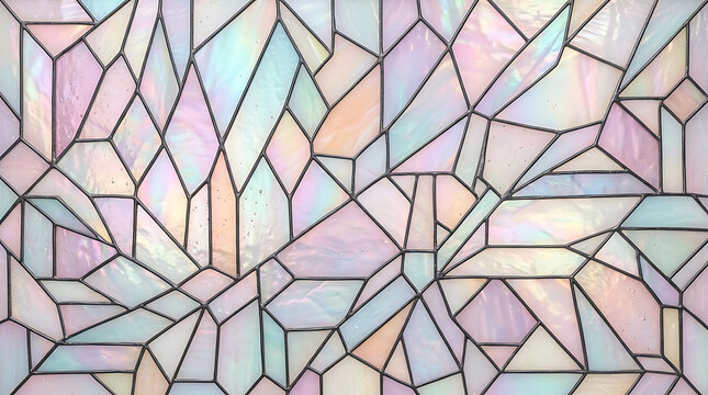 Abstract geometric stained glass pattern with soft pastel iridescent colors and holographic light reflections in a modern artistic mosaic design
