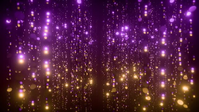 Abstract purple and gold particle rain background, glowing digital light shower, motion for luxury events and presentations