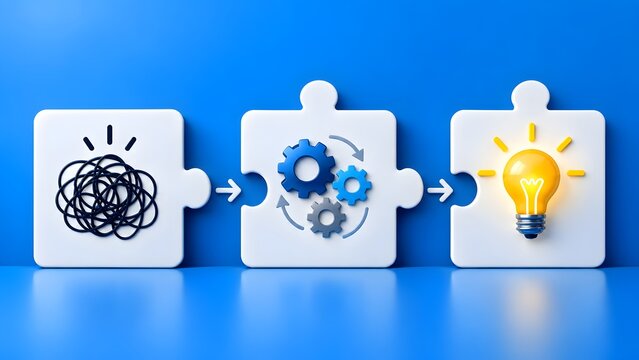 Three connected puzzle pieces showing the transition from a tangled problem through analytical processing to a bright idea or solution.