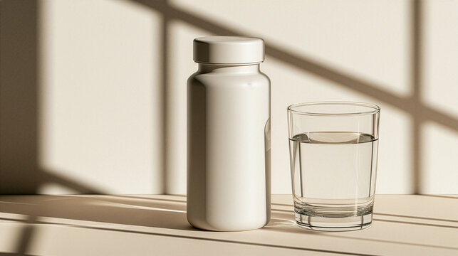unbranded matte white supplement bottle, a crystal-clear drinking glass filled with fresh water on a warm ivory surface