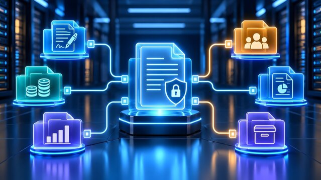 Futuristic diagram of a secure document sharing network connecting centralized encrypted data to various user departments and analytics folders.