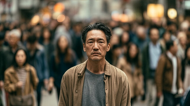 man standing still in the middle of a busy city street during daytime, calm thoughtful facial expression, surrounded by a diverse crowd of pedestrians walking