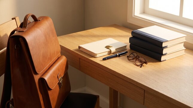 Leather backpack and stationery on a wooden desk
