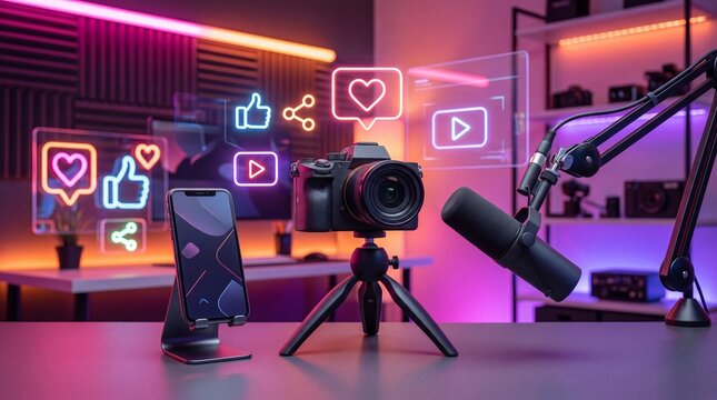 Professional content creation studio setup with camera and microphone