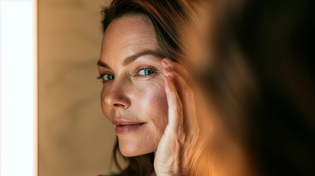 elegant Caucasian Woman in her early forties standing in front of a large minimalist bathroom mirror, gently examining fine lines around her eyes and forehead with a thoughtful expression