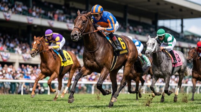 Jockeys compete in the melbourne cup horse race on green turf