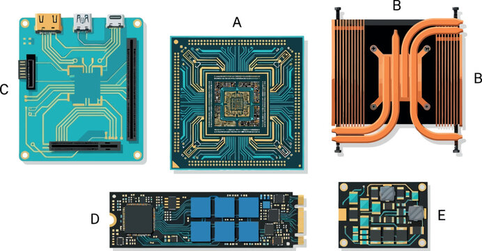 Computer Hardware Components Vector Element Set with Central Processor Unit Microchip Motherboard Copper Heat Pipe Heatsink Solid State Drive and Circuit Module