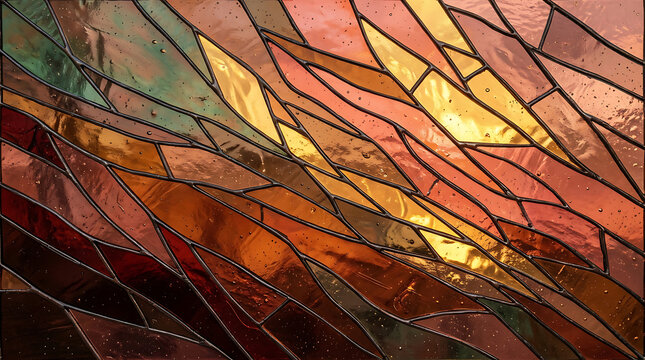 Abstract stained glass window with warm orange and red light patterns and geometric shapes