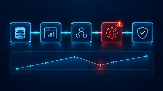 Digital workflow process with data analysis system alert and security shield icons on dark background with graph