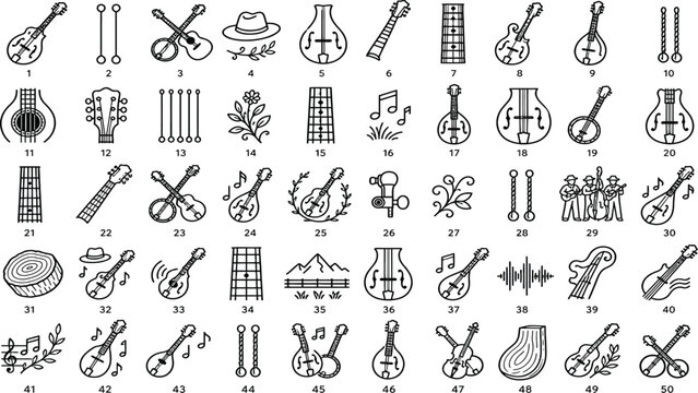 Collection of musical instruments and notes icons isolated on transparent background