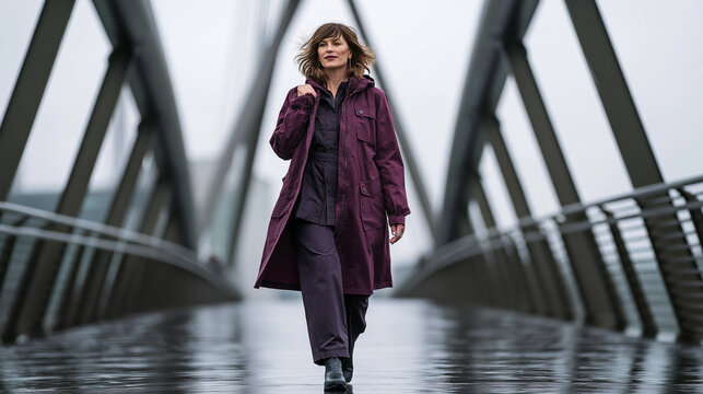 Woman walking on modern bridge in rainy weather wearing purple coat