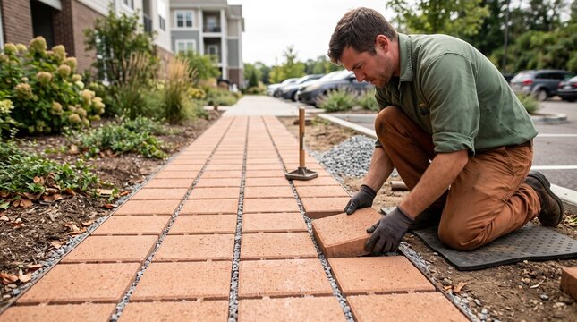 Crew member installs permeable pavers for water drainage