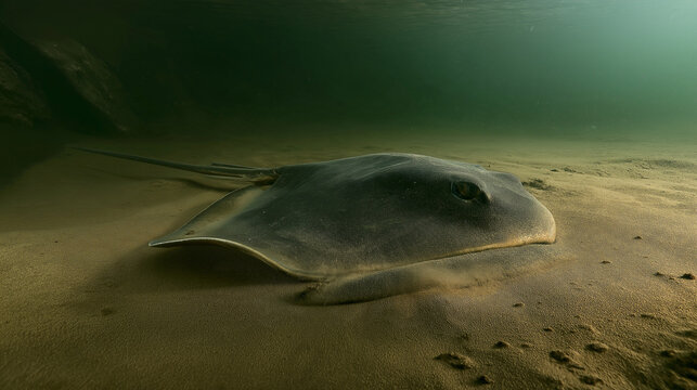 Stingray resting on sandy ocean floor underwater
