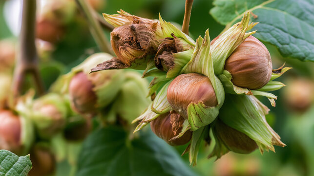 Hazelnuts growing on tree branch with green husks and leaves