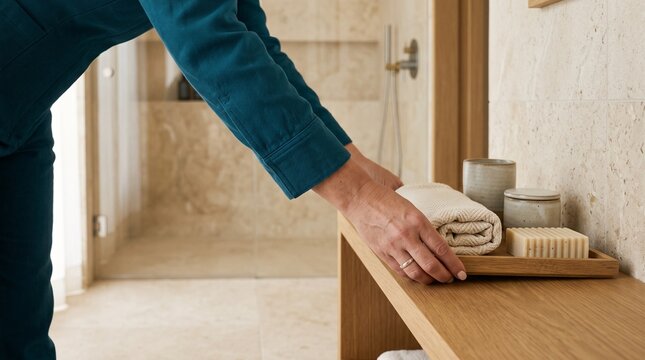 Hotel attendant sets tactile bathroom amenities for guests