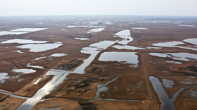 Aerial view of wetland with water channels and marshy terrain