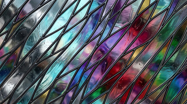 Abstract colorful glass pattern with diagonal lines and glowing light reflections