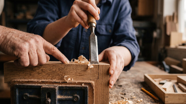 Craft mentor guides precise chisel work on a joint