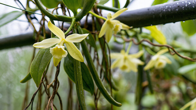 Vanilla orchid flowers blooming on vine with dew drops