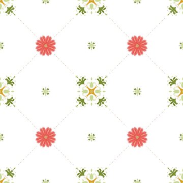 Seamless decorative pattern with textured coral flowers and delicate olive botanical ornaments connected by fine dotted diagonal lines on a white background, creating an airy repeating textile design.