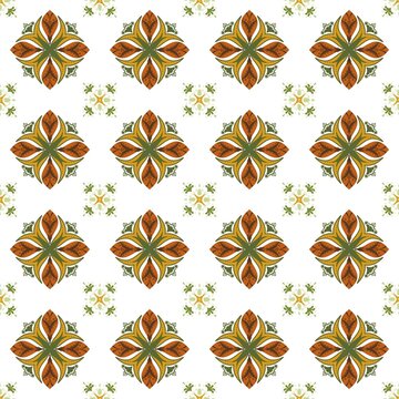Seamless ornamental pattern with large four-petal botanical motifs and smaller floral accents, featuring olive, ochre, rust, and pale green on a white background with a balanced repeating layout.
