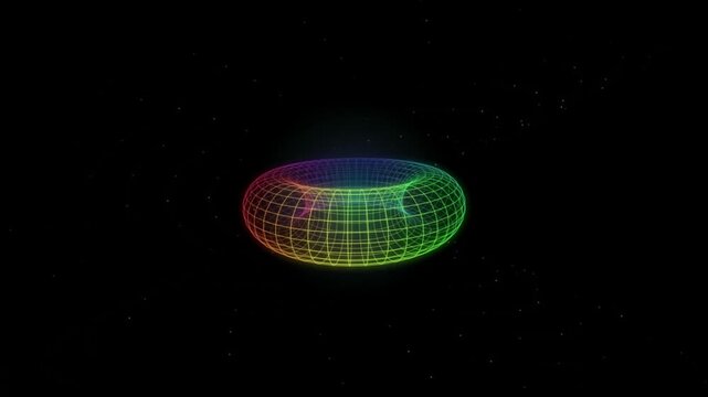 Swirling holographic gyroscopic torus matrix with glowing magenta paths on a dark futuristic backdrop for seamless motion graphics and digital overlays