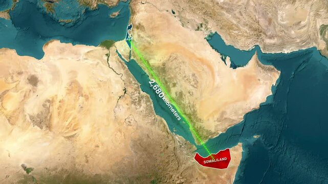 Animated satellite map showing distance from Israel to Somaliland