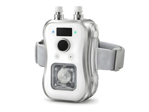 Wearable artificial kidney device, portable dialysis machine with belt strap and digital display, isolated on white background