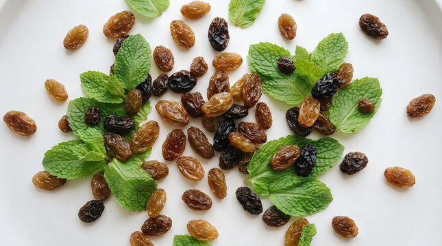 Fresh mint leaves with brown and black dried raisins illustration