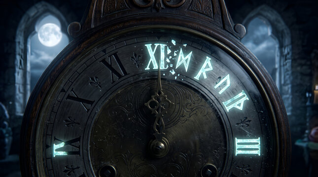 Antique clock face with glowing runic symbols rearranging in a dark mystical room