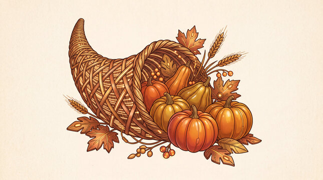 Detailed cornucopia illustration spilling out pumpkins squash and autumn wheat on a clean light cream background.