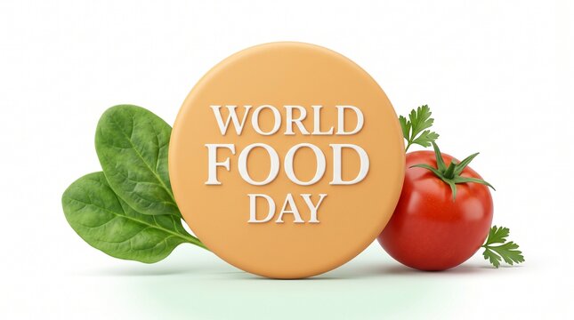 World Food Day concept with fresh vegetables, orange circular sign with white text, red tomato and green spinach leaves on white background
