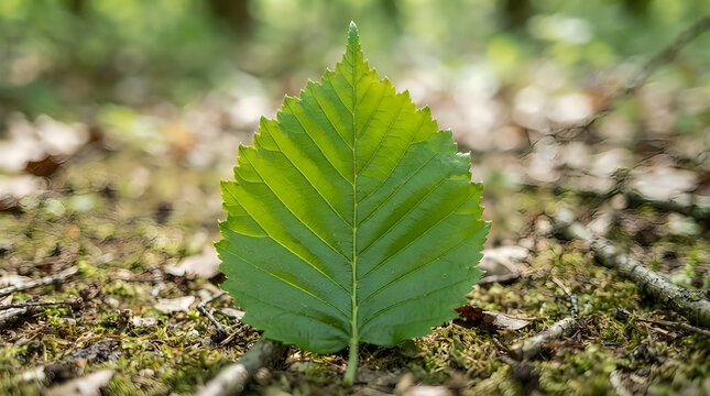 Single green leaf standing on mossy forest floor illustration