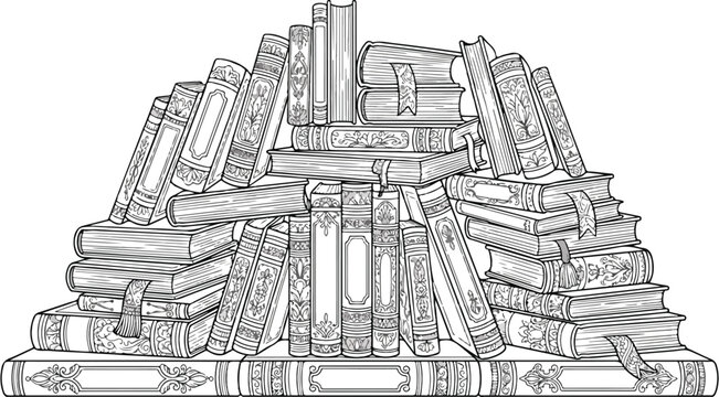 Vintage stack of old books vector illustration, antique library book collection with ornate spines, classic literature and education concept