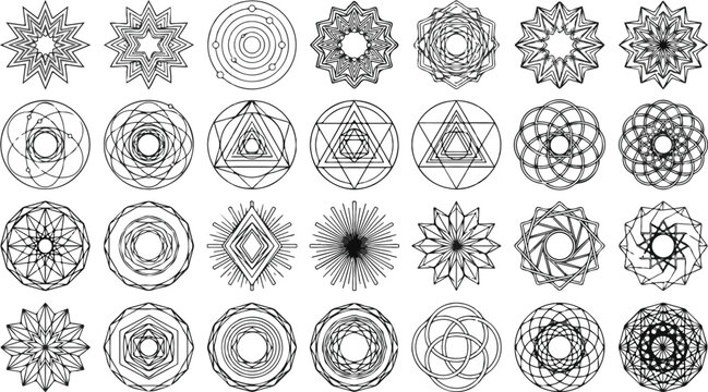 Sacred geometry mandala set, 28 geometric line art symbols, mystical spiritual circular ornaments, black and white occult alchemy vector icons