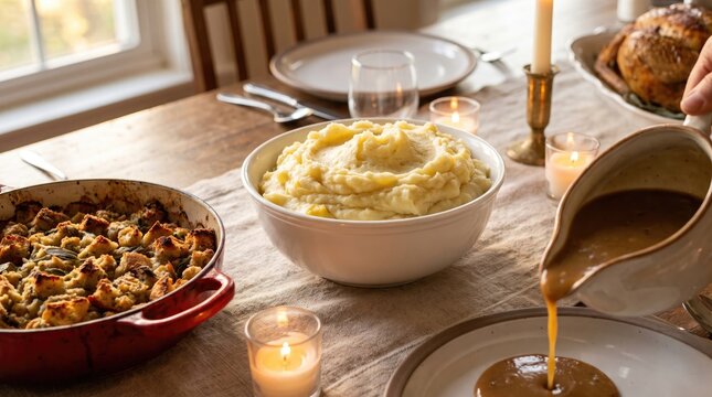 Mashed potatoes and stuffing served on a festive holiday dining table with pouring gravy during a warm candlelit meal