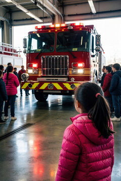 School children visit fire station for educational field trip. Group of students watch red fire truck in garage. Young pupils learn about fire safety, emergency services from professional equipment.