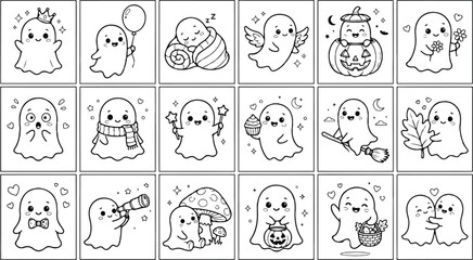 Obraz premium Kawaii Halloween ghost coloring book pages, set of 18 cute spooky character vectors, adorable ghost line art illustrations for kids activities