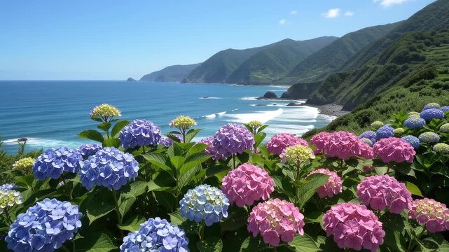 Blooming vibrant hydrangeas in shades of blue, purple and pink overlooking a coastal seascape with green mountains meeting the ocean.