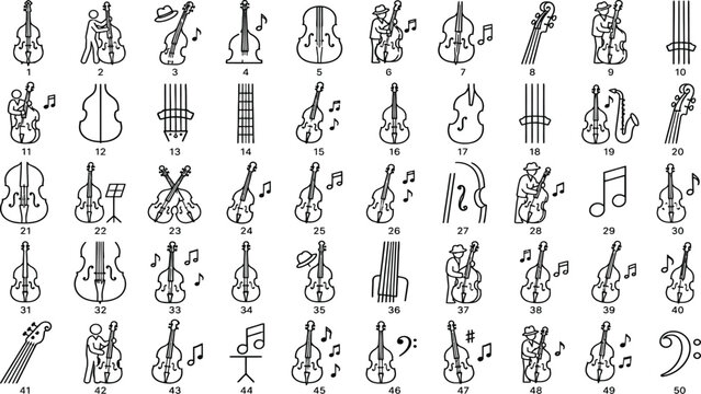 Collection of musical instruments icons with sheet music symbols and notes