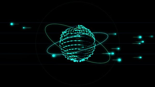Futuristic cyan particle atom sphere rotating with orbiting rings and glowing energy trails