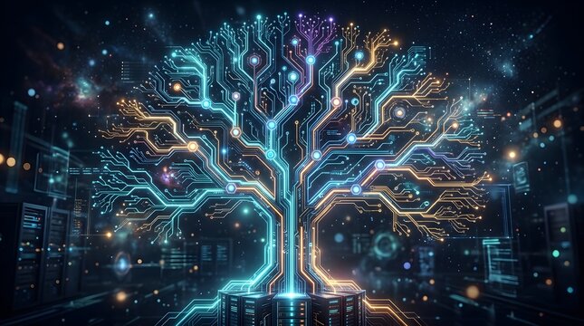 Digital tree formed by glowing circuit board lines on a dark background