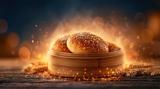Steaming Buns in Bamboo Steamer with Wheat Stalks