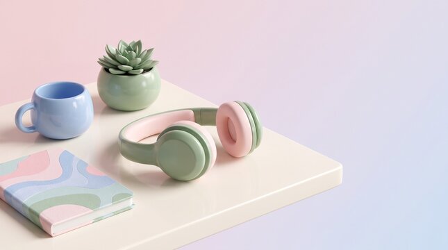 Pastel wireless headphones with a coffee mug and succulent on a desk with copy space